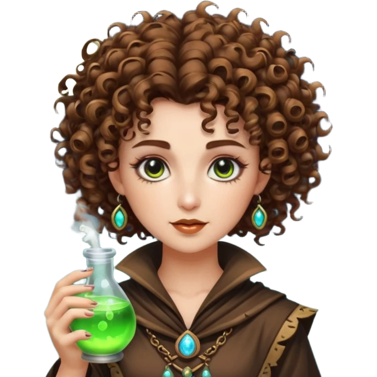 moon punk druid woman short tight curly brown hair glowing potion emoji