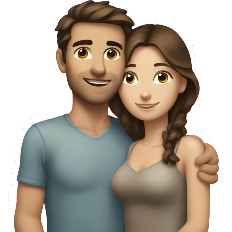 caucasian brunette couple hugging brown and blue eyes emoji