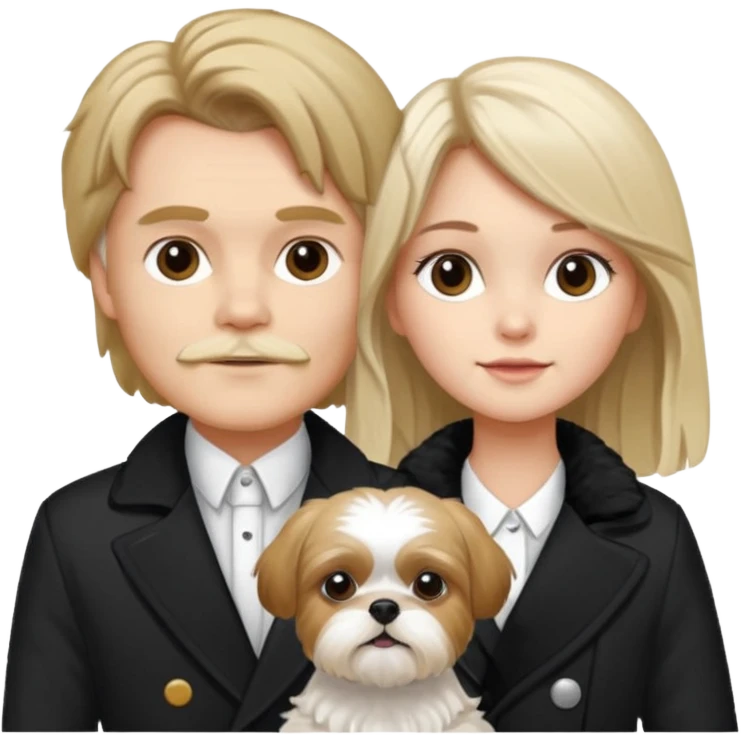 A couple boy with nice hair  and beautiful girl with long dark blond hair and with two shih tzu dogs with  black and white coat emoji