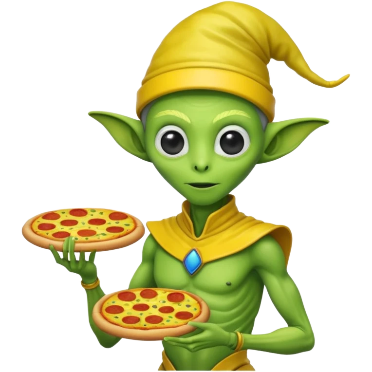 alien, wearing yellow ancient custome, with pizza emoji