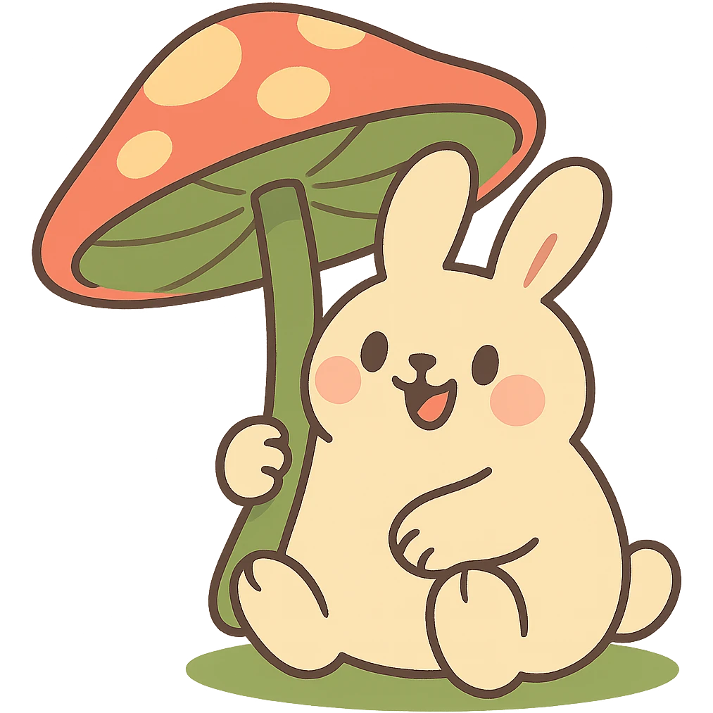 chubby bunny holding a mushroom umbrella, pastel beige and moss green, pastel toon style emoji