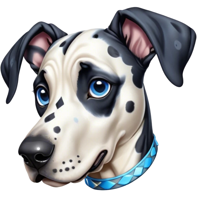 Cinematic Cute Harlequin Great Dane Portrait Emoji, Head tilted playfully and inquisitively, featuring a glossy coat of predominantly white with dynamic black patches, round, sparkling blue eyes filled with gentle curiosity, Simplified yet irresistibly adorable features, highly detailed, glowing with a warm, friendly glow, high shine, affectionate and gentle, stylized with a touch of whimsy, bright and endearing, soft glowing outline, capturing the essence of a mischievous yet loving pup, so playful it feels like it could lumber out of the screen and into your arms! emoji
