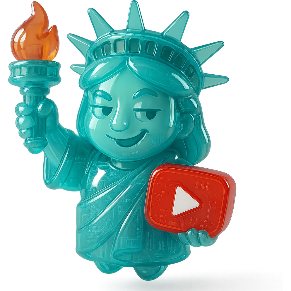 Statue of Liberty  with a playful sarcastic grin, red YouTube play button, glossy circuit style emoji
