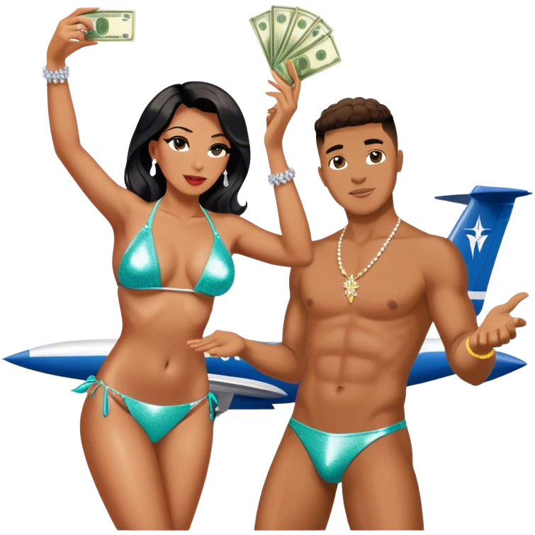 tefi valenzuela wearing diamond sparkle bikini and josh king madrid standing on private plane throwing money at her emoji