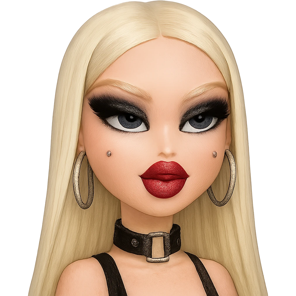 pretty Bratz baddie with platinum blonde straight hair, pale skin, pretty makeup, blue eyes, platinum blonde brows, silver cheek piercings, black smokey eyeshadow emoji