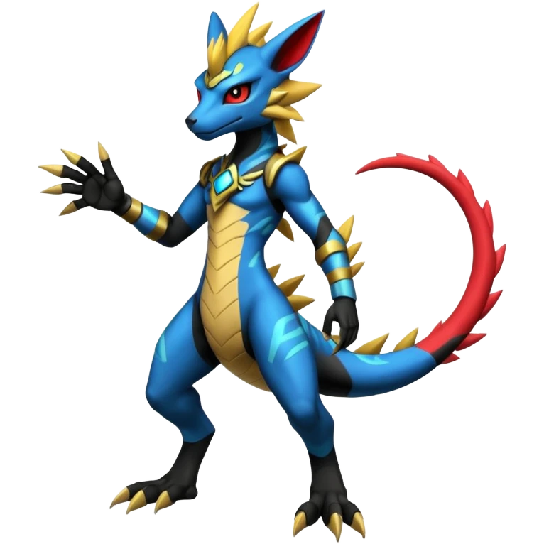Modern anthropomorphic furry futuristic shiny colorful Zeraora-Salandit-Guilmon-fusion (full body) emoji