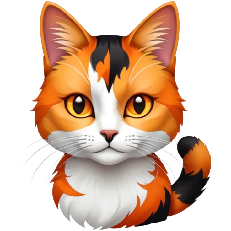 cinematic-noble-calico-cat-portrait-emoji,-poised-and-regal,-with-a-striking-patchwork-fur-in-vibrant-orange,-black,-and-white-hues premoninantly black,-delicate-whiskers-and-a-refined,-relaxed-gaze,-simplified-yet-exquisitely-detailed,-glowing emoji