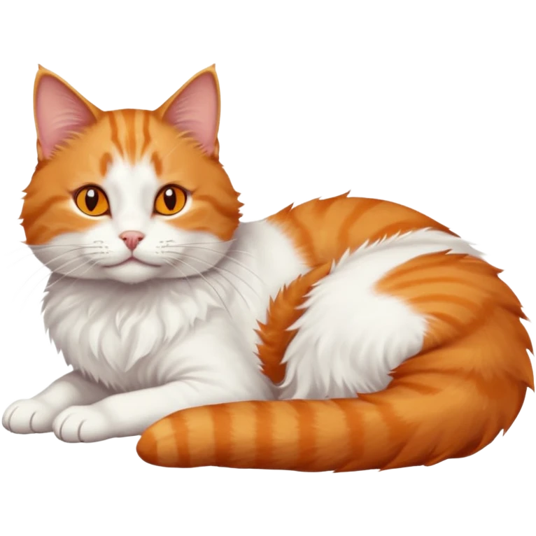 ginger and white cat with orange eyes doing a big extremely long stretch reaching up into the air with arms and legs side by side together straight and overextended whilst lying on its side emoji