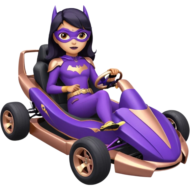 Hot full size real-appearance racing action BatGirl’s Lego feminine midnight-purple tight outfit sixty’s tv show 1992 stealthy retro sporty petite off-road pursuit hovering hover cruiser car rose gold accents (black hair,reclined and relaxed seating position and attitude) go kart  emoji