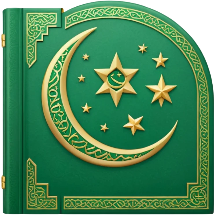 Closed Quran with the Islamic Symbol on it (moon and star) green from left to right emoji