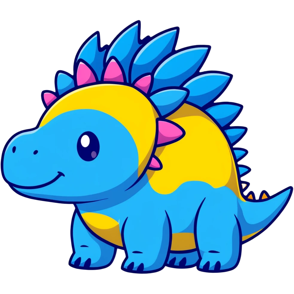 A cartoon blue toy stegosaurus with a friendly face and colorful spikes emoji