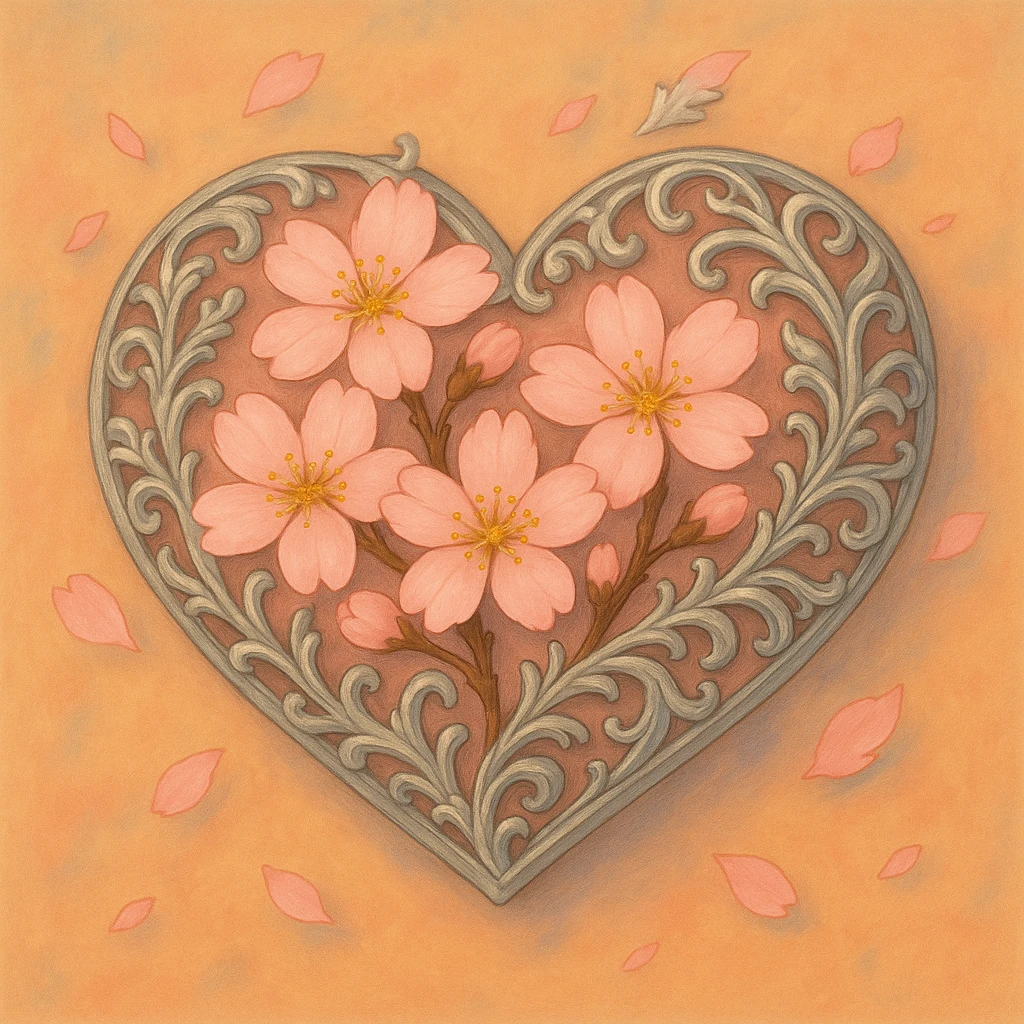 Make the silver accents and details extremely prominent and abundant on the heart with sakura, ghibli style. emoji