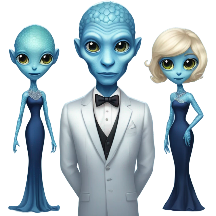 reptilian alien woman, in long slim pastel blue formal party satin dress with gradient shiny sparkling navy blue diamonds embroidered , and caucasian man in black dress emoji