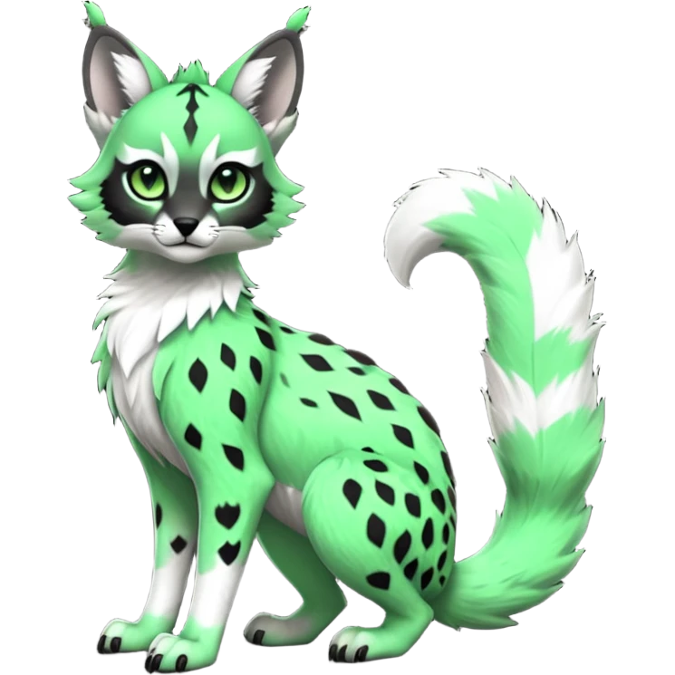 Cute kawaii cool edgy badass  neon-green fur with obsidian-onyx-black points and snowy-white belly fantasy-caracal-civet-genet-sergal-vernid-Gryphon-Cacomistle-Trico-oncilla-animal-Fakémon-hybrid-fursona (full body), facial markings, (realism style) emoji