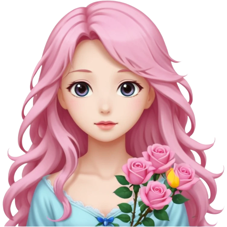 Gorgeous dreamy anime lady pink roses with long hair emoji