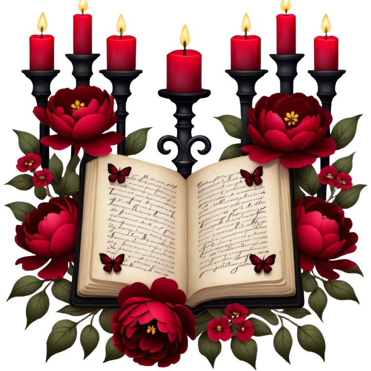 A dark, romantic composition featuring deep red peonies and pansies intertwined with blackened love letters, surrounded by glowing crimson candles. Butterflies in various shades of red flutter around Gothic crosses, creating an eerie yet passionate atmosphere. emoji