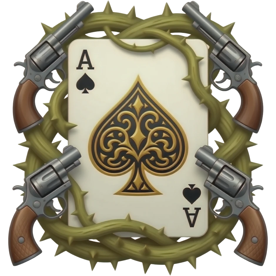 richly ornamented spade ace surrounded by tendrils of thorns and antique revolvers emoji