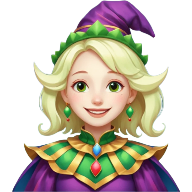 genra imagen de una chica eterea( casi irreal )con cara de sol, sonriendote, bufon, flotando en el espacio emoji