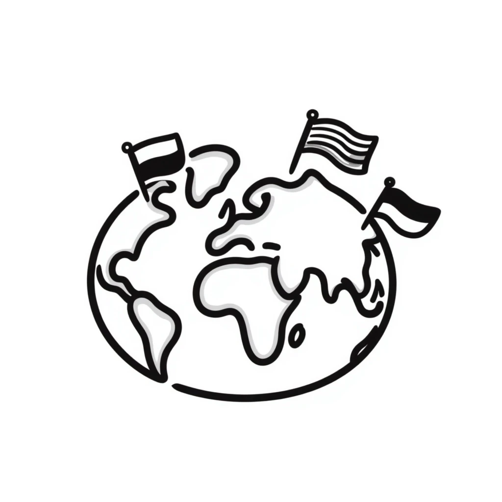 Hand-drawn globe with small country flags from different nations sticking out from the continents emoji