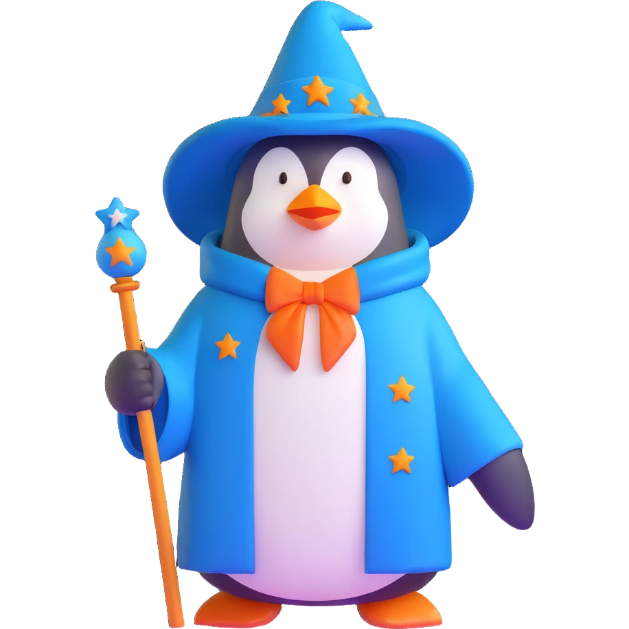 penguin wizard with a blue robe and starry hat emoji