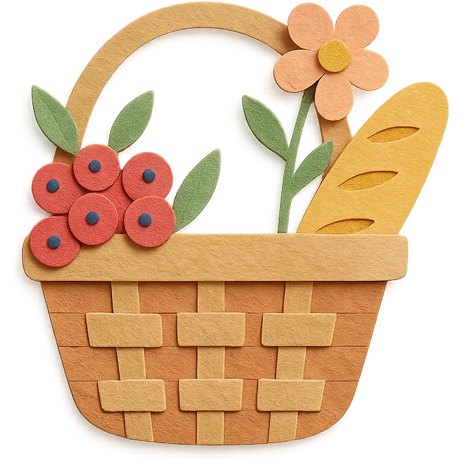 picnic basket with berries, bread, and flowers in warm pastel shades, paper-craft style emoji