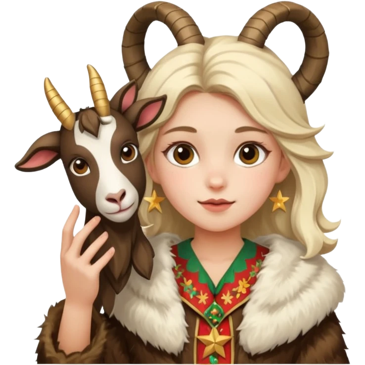 Девочка на празднике в народном костюме и шубе с калядной звездой и маской козы emoji