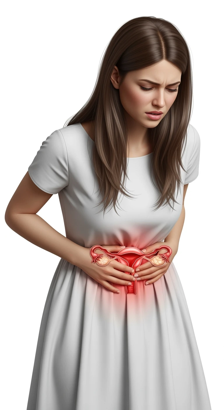 donna a figura intera con utero umano realistico in evidenza dolorante, espressione di dolore in volto, sfondo bianco, non farla computerizzata, ma iperrealistica 4k emoji