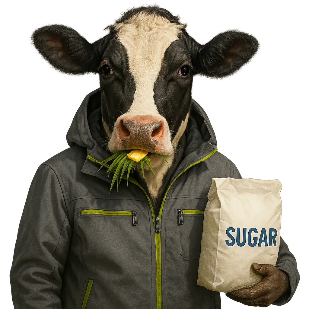 a cow dressed in a gray jacket with neon green details, chewing grass topped with butter, holding a bag of white sugar emoji