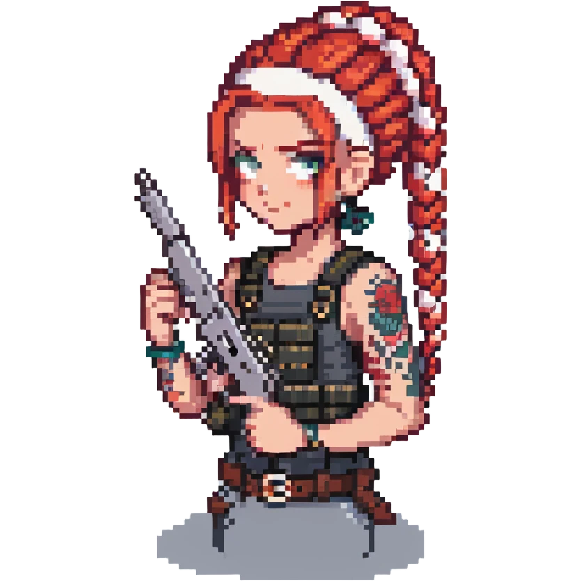 A character with red and white braided hair, tattoos on her arms, holding a gun emoji