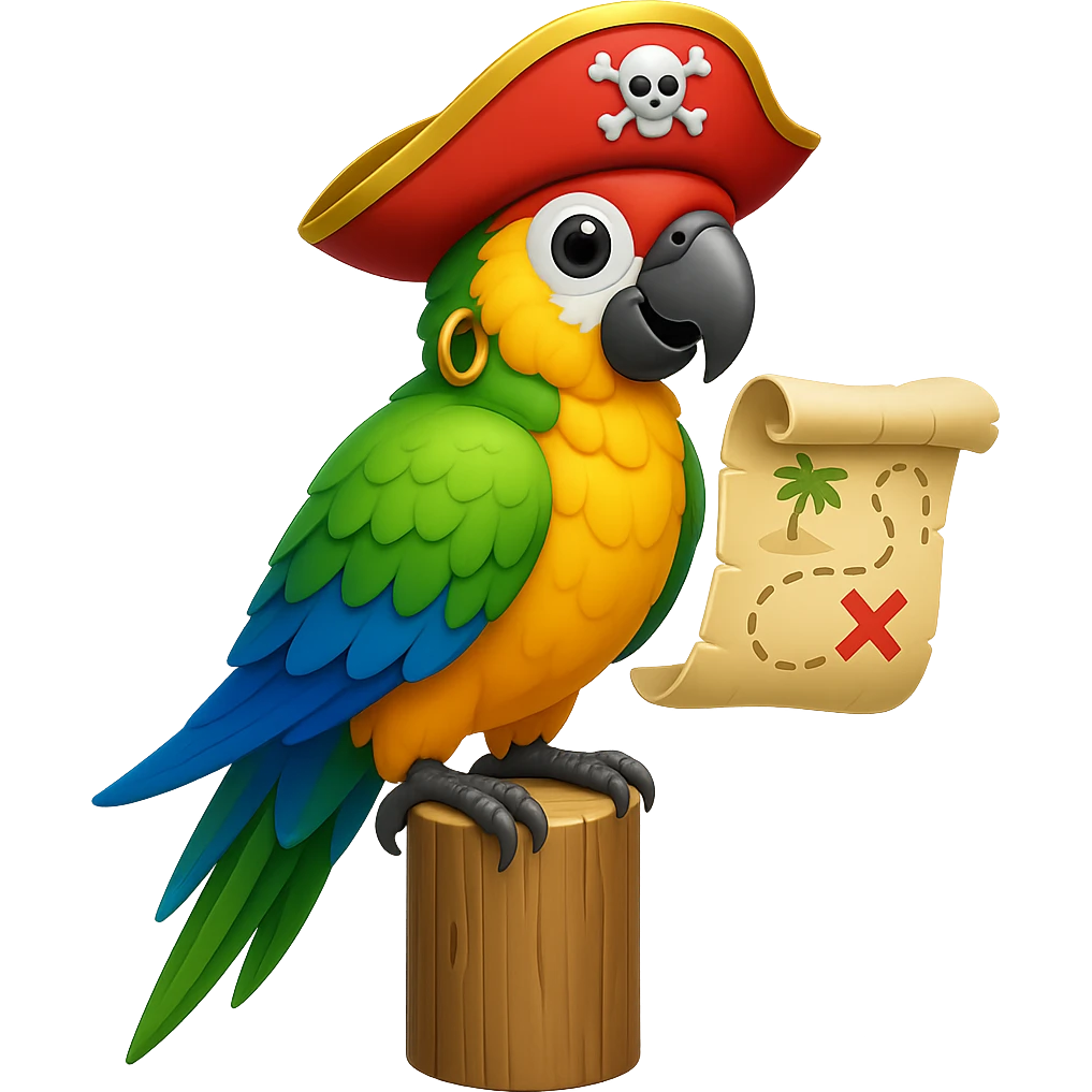 Add a gold earring to the pirate parrot holding a treasure map. The original style is emoji style, but since emoji style does not support editing, please keep the look consistent with emoji style while adding the gold earring. Remove the background. emoji
