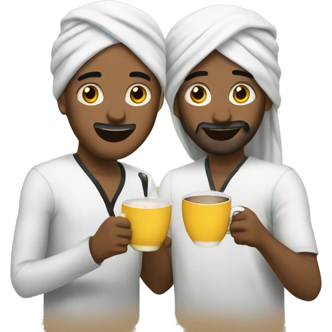 2 friends drinking a cup of tee and enjoing it make them look arabic emoji