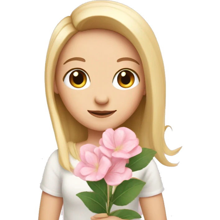 White girl is holding soft pink flower emoji