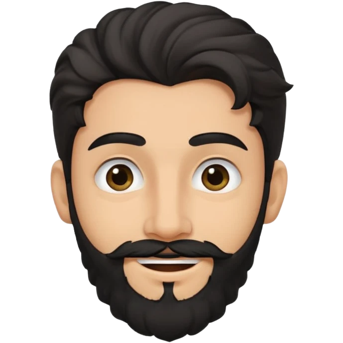 young fair skin Pakistani man smiling with black beard, wavy hair pushed back and squinted eyes and thick eyebrows emoji