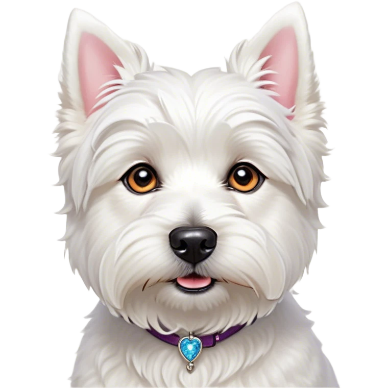 Cinematic Cute West Highland White Terrier Portrait Emoji, Head tilted playfully and inquisitively, featuring a fluffy, immaculate white coat with perky ears, round, sparkling dark eyes filled with curiosity, Simplified yet irresistibly adorable features, highly detailed, glowing with a warm, friendly glow, high shine, affectionate and lively, stylized with a touch of whimsy, bright and endearing, soft glowing outline, capturing the essence of a mischievous yet loving pup, so playful it feels like it could bound out of the screen and into your arms! emoji