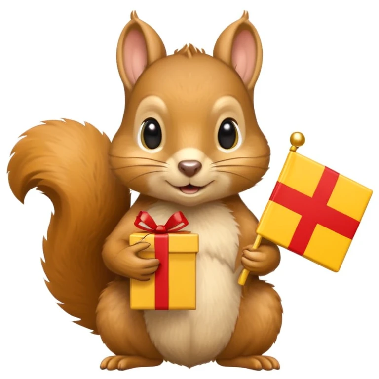 realistic squirrel holding a yellow gift box in one hand and a red Swiss flag in the other, both objects clearly visible, simple white background, the gift is a different color from the flag emoji