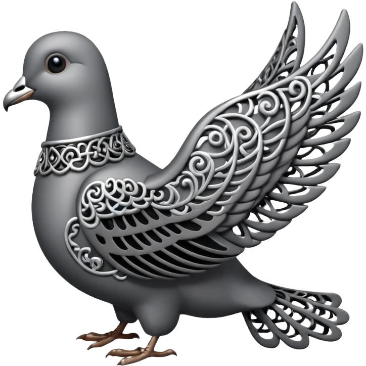 Black and silver filigree dove, 3D, extremely detailed design should face to the right side emoji