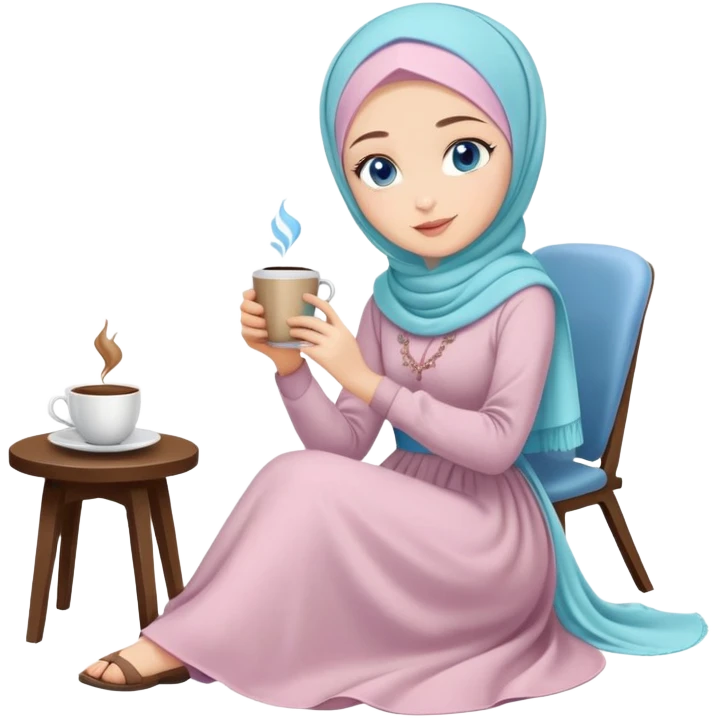 Turkish beautiful finish Konya girl blue eyes with pastel hijab long tail dress and sits on the chair on the ground and holds cup coffe with her hand  emoji