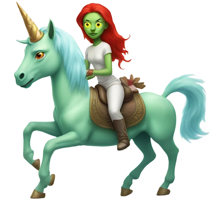 [politically incorrect
	{ woman: alien, color: light green, hair:red, eyes:cat} ]
	on a 
	[{ unicorn: white, legged:four, mane: light blue }] emoji