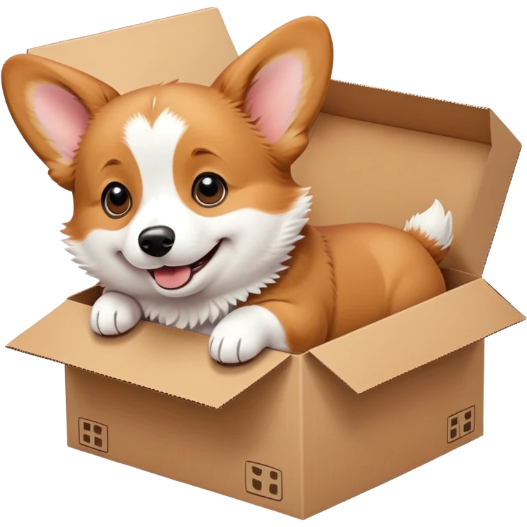  A very cute young corgi  with one's head tilted to one side poked its paws out of the cardboard big box and placed them on top of it emoji