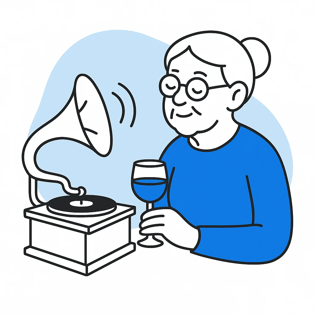 old lady with wineglass listening to gramophone emoji