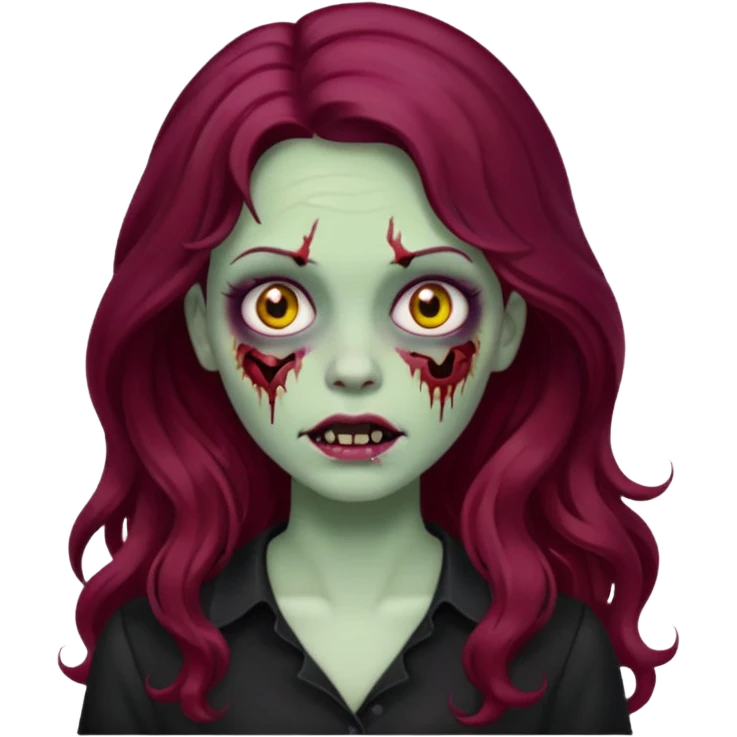 Faça me um emoji de um zumbi mulher de cabelos vermelho borgonha longos ondulado usando uma blusa preta, faça no estilo iphone emoji