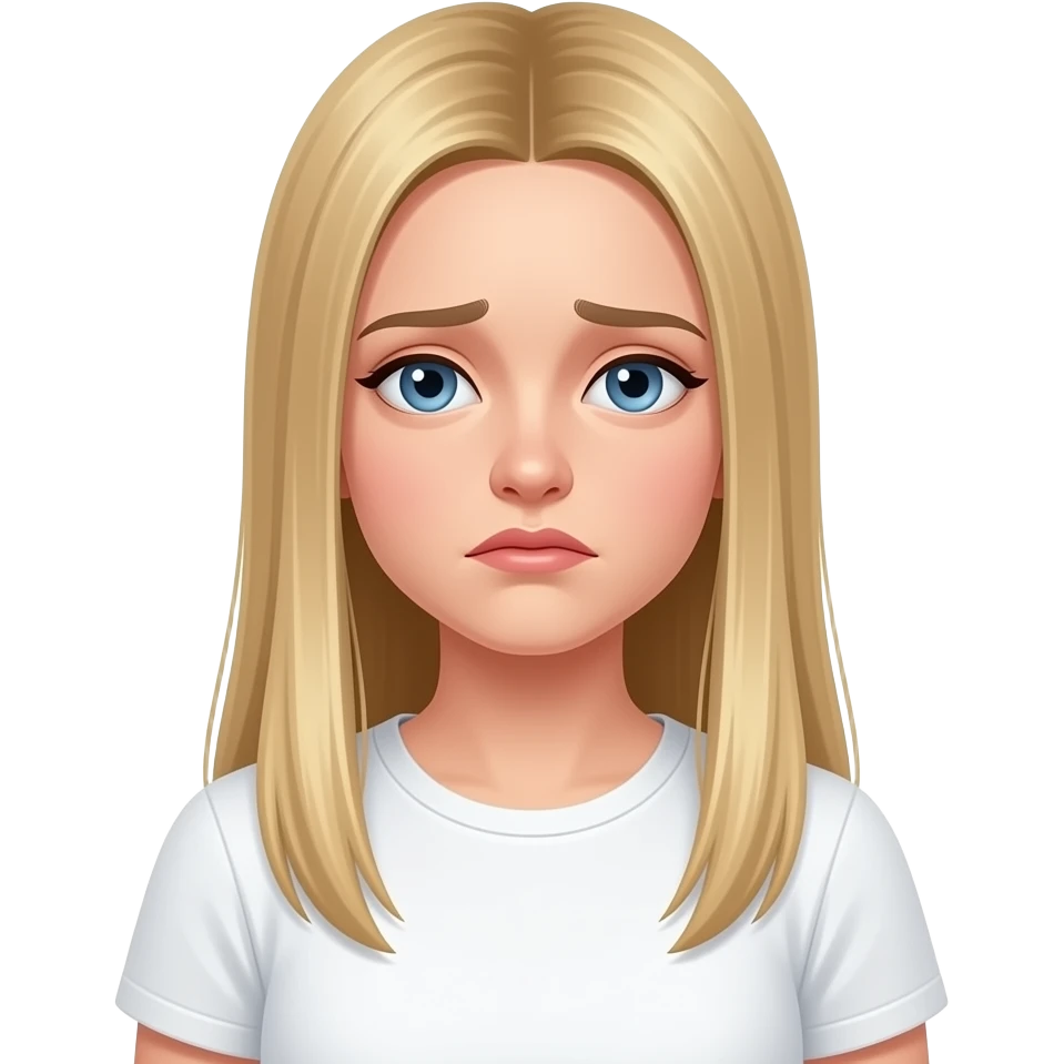 ragazza russa bionda occhi azzurri capelli lisci lunghi, triste maglietta bianca emoji