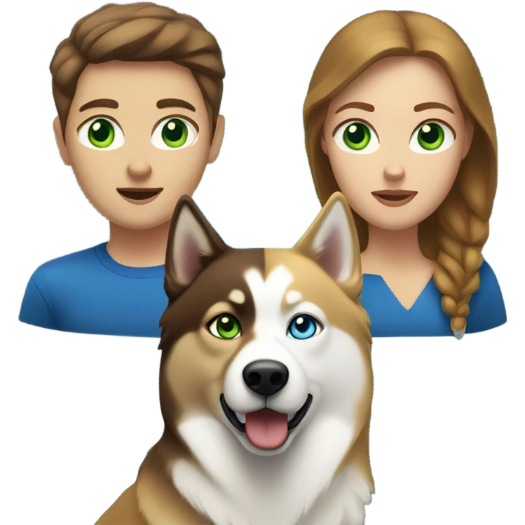 White Woman hair brown and bleus eyes and golden Husky With green eyes emoji
