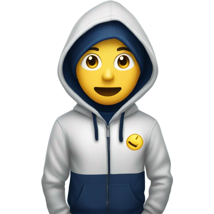 generate me a yellow emoji person wearing a navy blue hoodie emoji