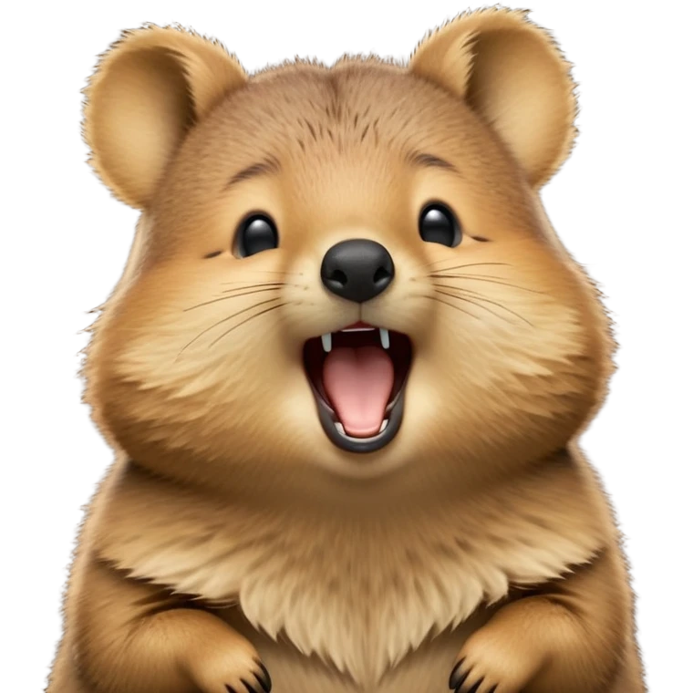 cinematic-realistic  yawning quokka-emoji,-small-round-frame, head tilted in an endearing manner, wouth wide open yawning, sleepy comical smile, round fluffy cheeks, giant-fluffy-cheeks-large-smile-fluffy-brown-fur-radiating-a-warm-softness,-big-round-eyes-filled-with-joy, realistic round  fluffy zoomed in, large black eyes one paw raised in the air emoji