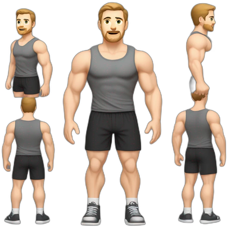 Full height Pale skinned muscular man With Realistic eyes and mouth, light brown hair and stubble In dark gray sleeveless mike, black oversize sports shorts, watch and white sneakers. emoji
