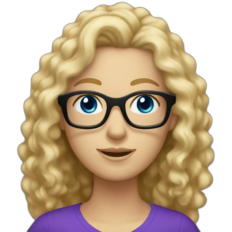 caucasian curly blonde long haired blue eyed woman with purple t-shirt and black glasses emoji