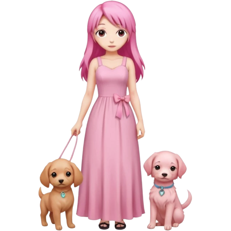 Pastel anime lady long hair pink long dress full body holding puppy emoji