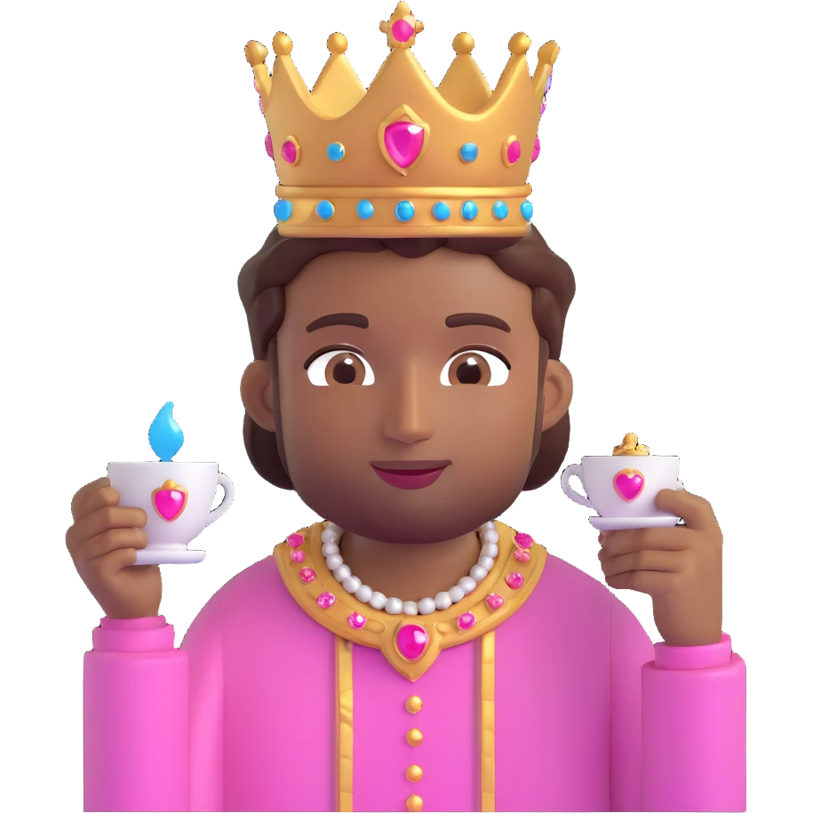 male emoji with brown skin, pink jeweled crown, holding a teacup and sipping tea, calm and content emoji