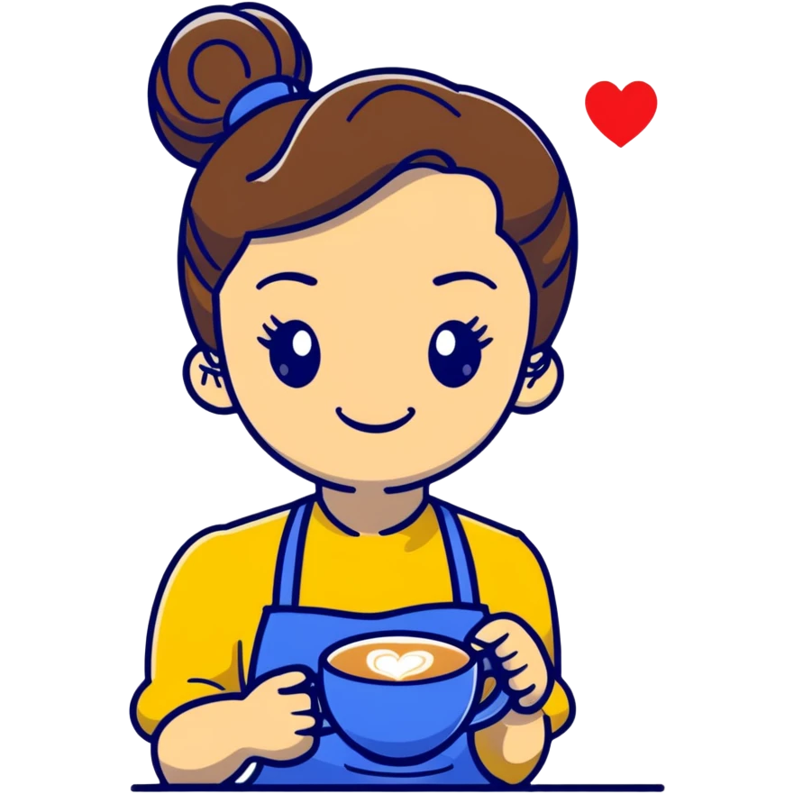 Cute brunette barista girl with hair in a bun wearing yellow shirt and dark blue apron, she's relaxed and making heart-shaped latte art, smiling at the coffee cup with a heart design in the foam emoji